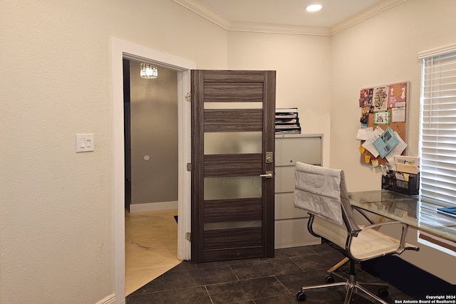 tiled bedroom featuring ornamental molding