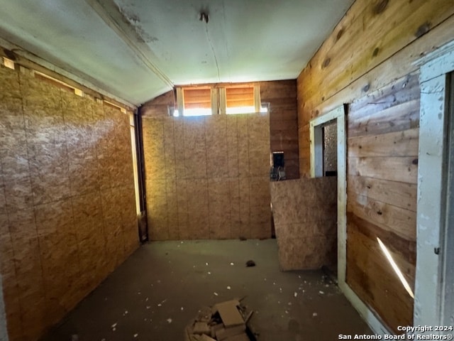 basement featuring wood walls