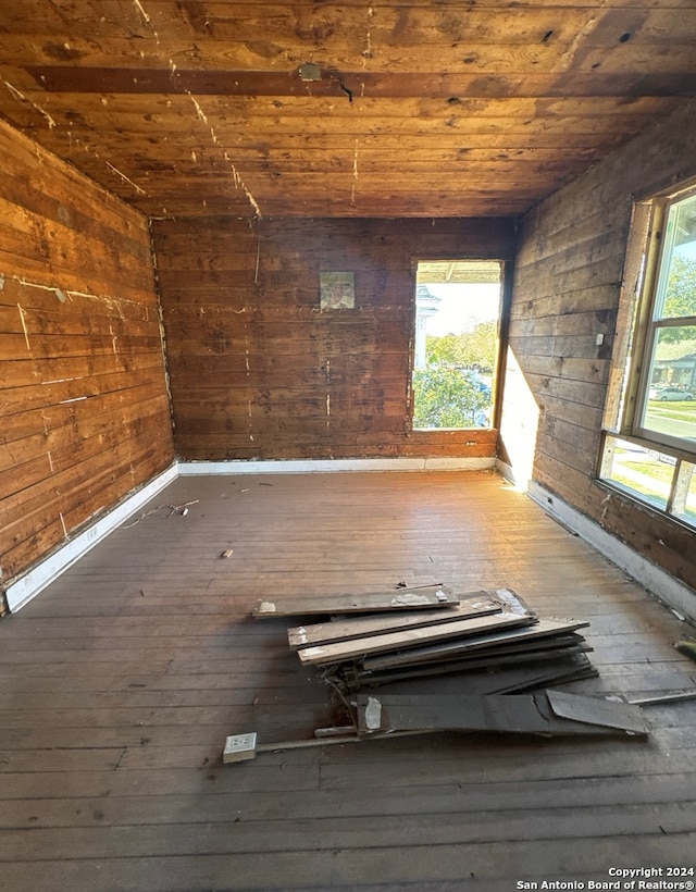 interior space with wood ceiling, plenty of natural light, and wood walls