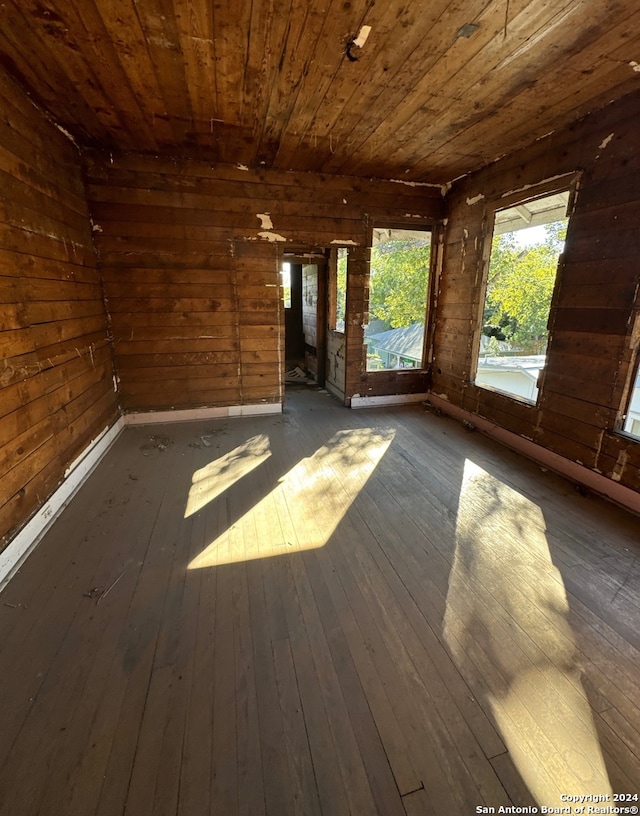 empty room featuring dark hardwood / wood-style flooring, wooden ceiling, and wood walls