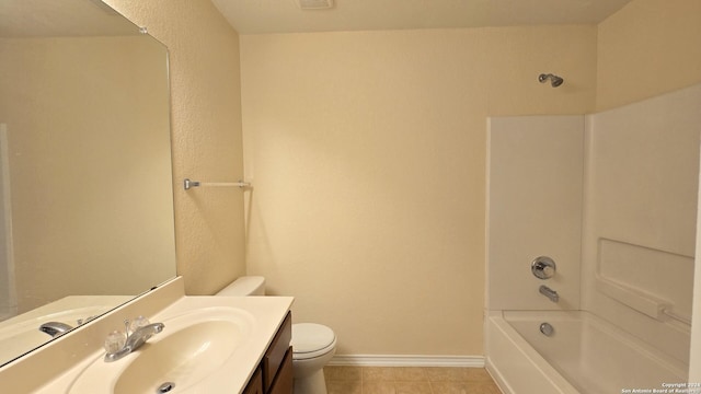 full bathroom featuring toilet, bathtub / shower combination, vanity, and tile patterned floors