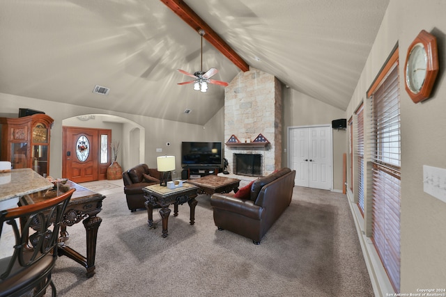 living room featuring carpet, beam ceiling, high vaulted ceiling, and plenty of natural light