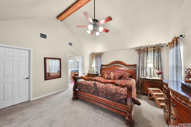 bedroom featuring connected bathroom, ceiling fan, beamed ceiling, high vaulted ceiling, and carpet floors