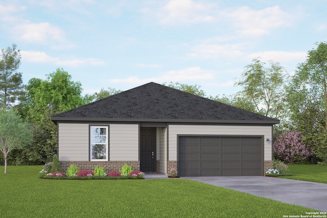 view of front facade with a front yard and a garage