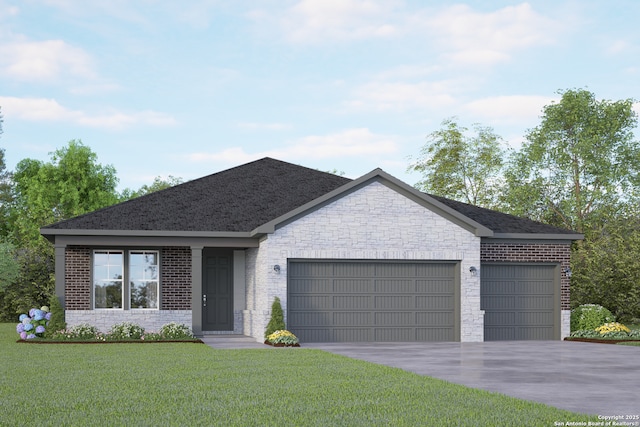 2830 Sueno Pt, San Antonio, TX 78245 - ranch-style house with a garage, driveway, a front lawn, brick siding, and stone siding