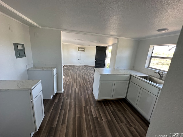 kitchen featuring crown molding, sink, dark hardwood / wood-style floors, a textured ceiling, and white cabinetry