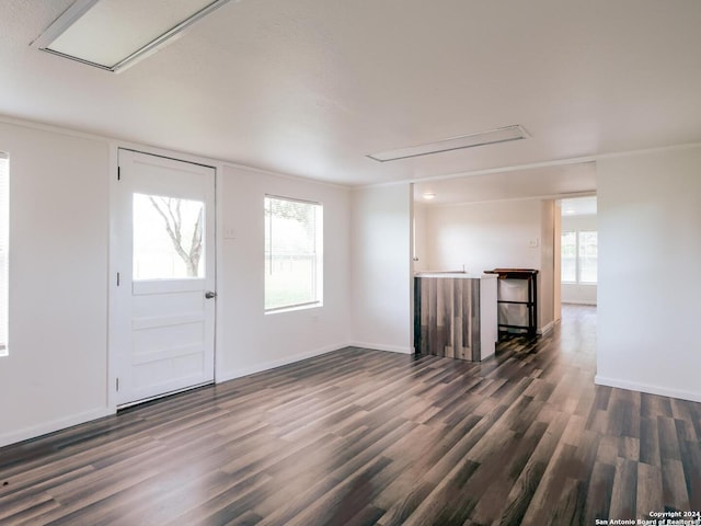 entryway with dark hardwood / wood-style floors and ornamental molding