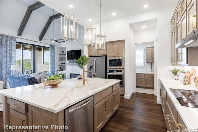 kitchen featuring hanging light fixtures, a fireplace, a large island with sink, range hood, and stainless steel appliances