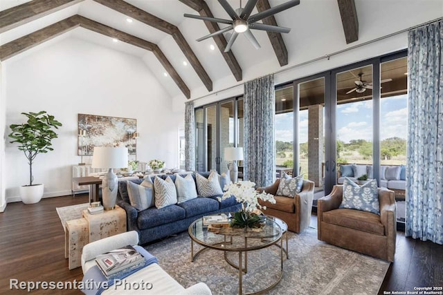 living room featuring plenty of natural light, dark hardwood / wood-style floors, high vaulted ceiling, and ceiling fan