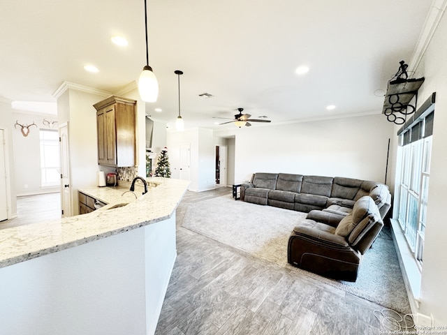 living room with light wood-type flooring, ceiling fan, crown molding, and sink