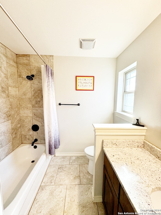 full bathroom with vanity, shower / bath combination with curtain, and toilet