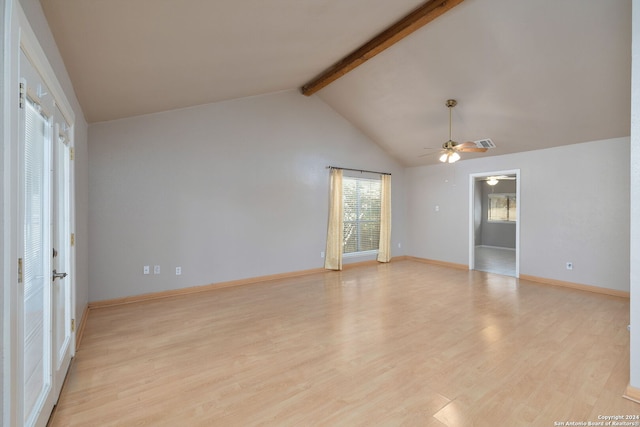 unfurnished room featuring lofted ceiling with beams, light hardwood / wood-style flooring, and ceiling fan