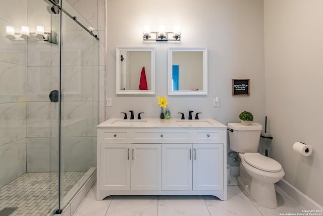 802 Piedmont Ave, San Antonio, TX 78210 - full bath featuring toilet, marble look tiles, a marble finish shower, double vanity, and baseboards