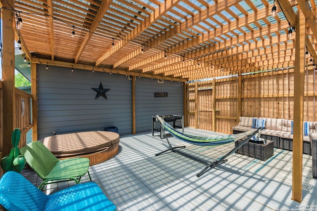 802 Piedmont Ave, San Antonio, TX 78210 - wooden terrace featuring an outdoor hangout area, a pergola, and a hot tub