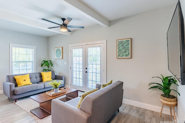 802 Piedmont Ave, San Antonio, TX 78210 - living area featuring beam ceiling, plenty of natural light, french doors, baseboards, and wood finished floors