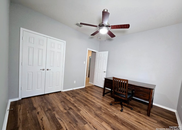 home office featuring ceiling fan and dark wood-type flooring