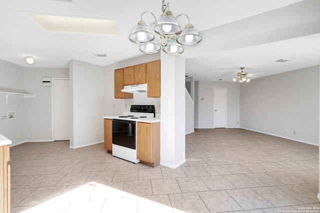 kitchen with light tile patterned flooring, white electric range oven, and ceiling fan with notable chandelier