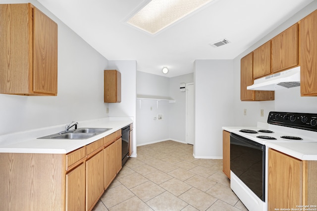 kitchen with black dishwasher, light tile patterned floors, sink, and electric stove