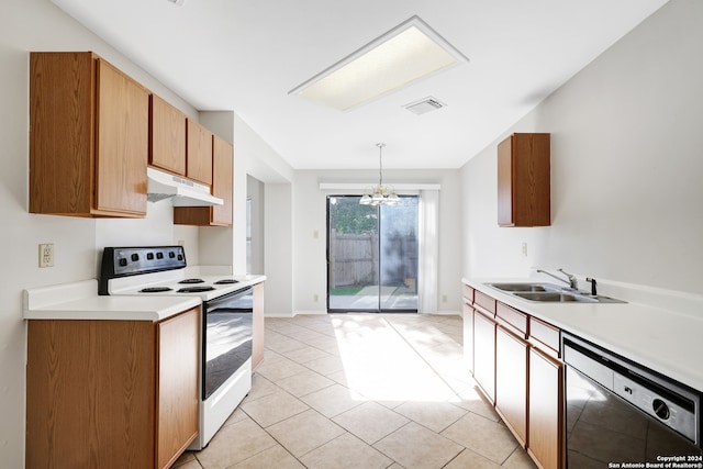 kitchen featuring electric range, dishwasher, sink, a notable chandelier, and decorative light fixtures