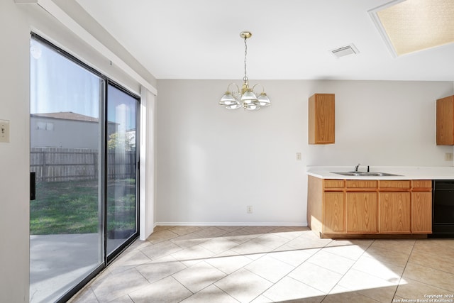 kitchen featuring sink, pendant lighting, light tile patterned floors, an inviting chandelier, and dishwasher