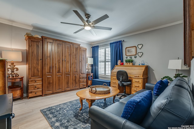 living room with ceiling fan, light hardwood / wood-style flooring, and ornamental molding