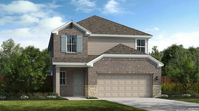 traditional home featuring driveway, a shingled roof, a front lawn, a garage, and brick siding