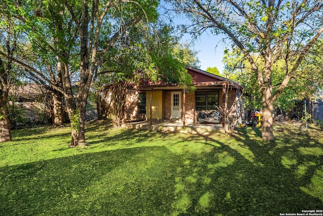 rear view of property with a yard and a patio