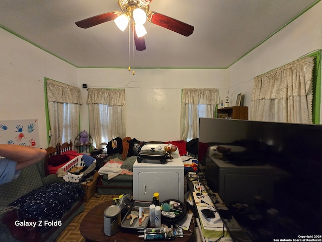 living room with ceiling fan