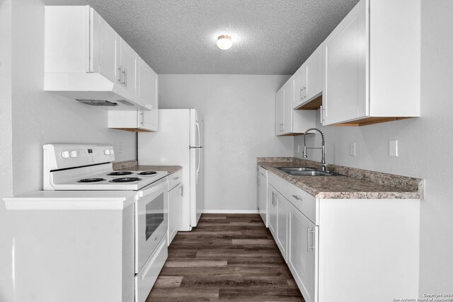 kitchen with sink, dark wood-type flooring, a textured ceiling, white appliances, and white cabinets