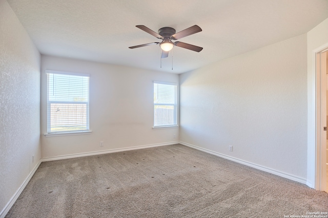 empty room featuring ceiling fan and carpet