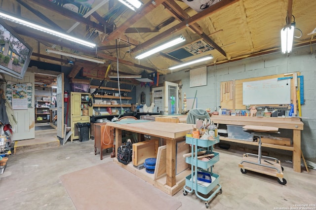 basement with a workshop area