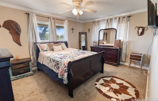 bedroom featuring ceiling fan, light colored carpet, a textured ceiling, and crown molding