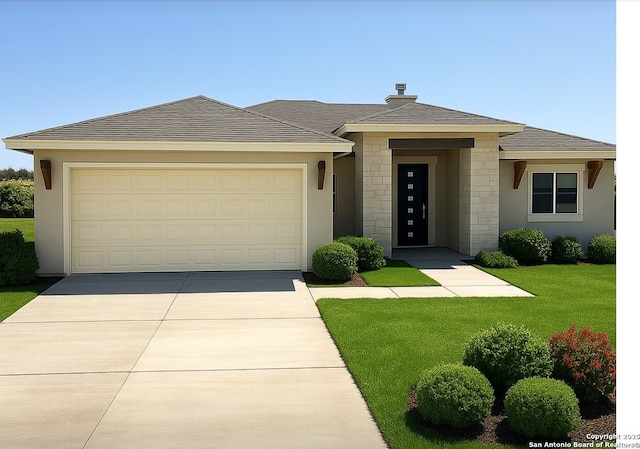 177 Pine Valley Dr, La Vernia, TX 78121 - view of front of property with driveway, a front lawn, an attached garage, stone siding, and stucco siding