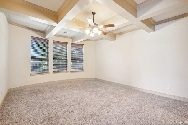 102 Santa Anita, Boerne, TX 78006 - spare room with a ceiling fan, carpet flooring, coffered ceiling, beam ceiling, and baseboards