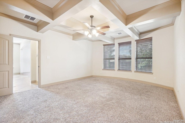 102 Santa Anita, Boerne, TX 78006 - empty room featuring carpet floors, coffered ceiling, ornamental molding, a ceiling fan, and beam ceiling