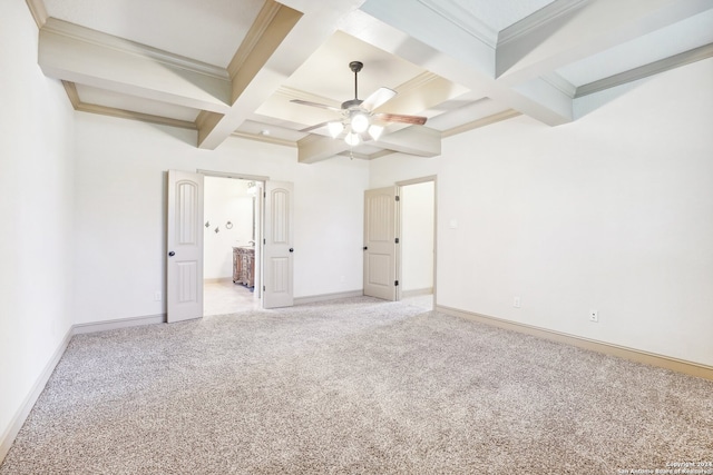 unfurnished bedroom featuring ornamental molding, coffered ceiling, light colored carpet, ceiling fan, and beamed ceiling