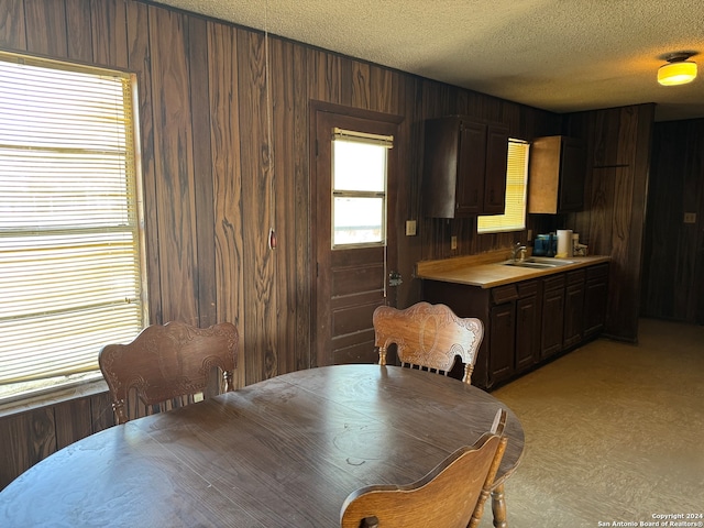 dining room with sink, a textured ceiling, and wood walls