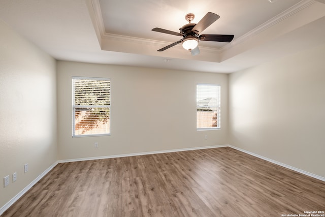 empty room featuring wood-type flooring, a raised ceiling, and a healthy amount of sunlight