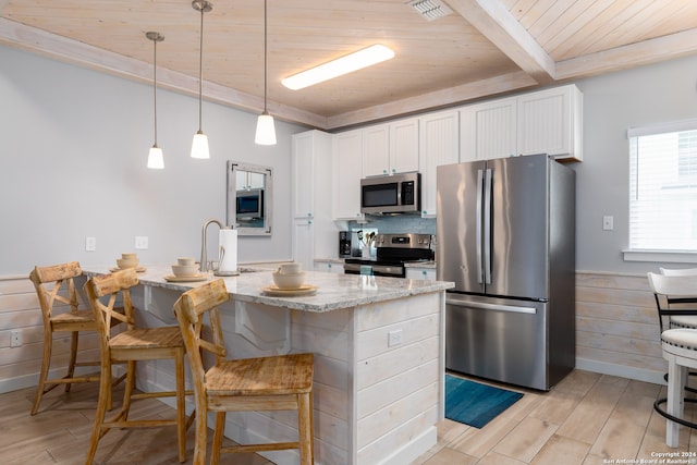 kitchen featuring wood ceiling, light stone countertops, white cabinetry, and appliances with stainless steel finishes