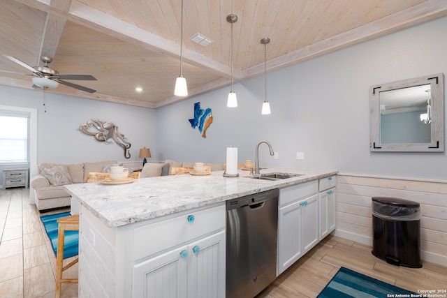 kitchen featuring stainless steel dishwasher, white cabinets, wooden ceiling, and sink