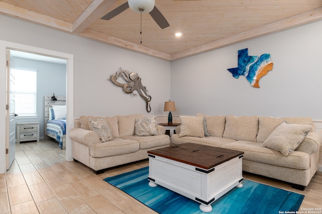 living room with ceiling fan, hardwood / wood-style floors, and wood ceiling