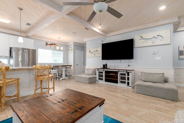 living room featuring light hardwood / wood-style flooring, beamed ceiling, and wooden ceiling