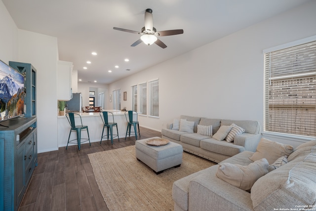 living room featuring ceiling fan and dark hardwood / wood-style flooring