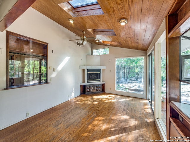 unfurnished living room with wood-type flooring, lofted ceiling with skylight, a wealth of natural light, and wooden ceiling