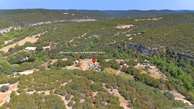 297 Bluff Creek Rd, Leakey, TX 78873 - aerial view of property's location featuring a mountainous background, a heavily wooded area, and property boundaries highlighted