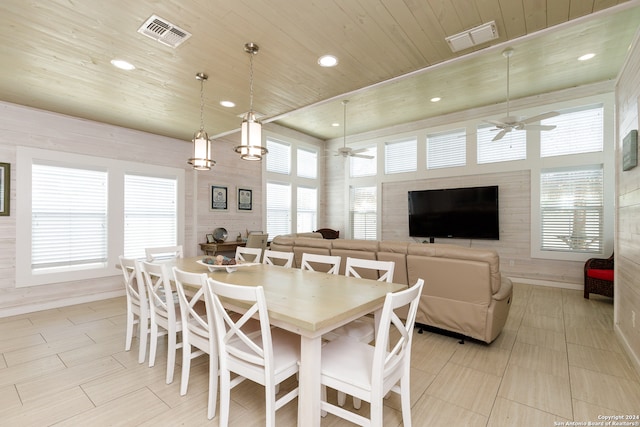 dining room with plenty of natural light, ceiling fan, and wood ceiling