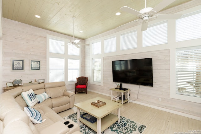 living room featuring wooden walls, plenty of natural light, and wooden ceiling