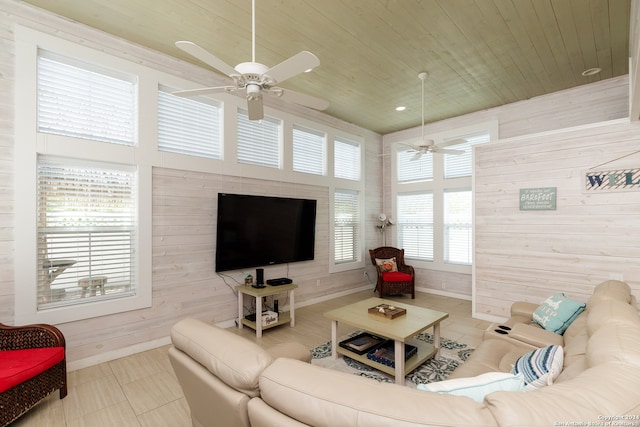 living room with ceiling fan, wood walls, and wood ceiling