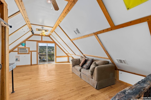 living room with a wall mounted air conditioner, wood-type flooring, vaulted ceiling with beams, and ceiling fan