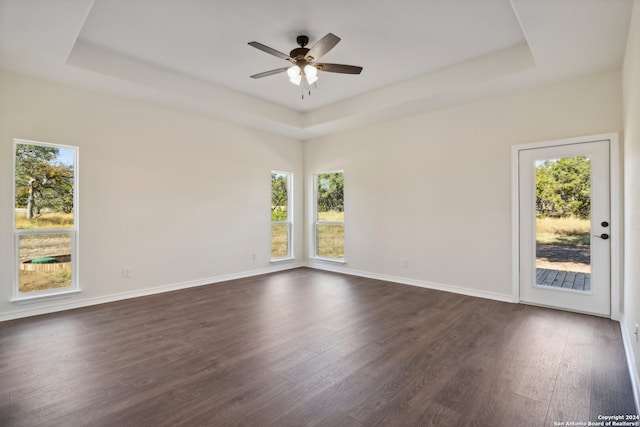 unfurnished room featuring a raised ceiling, dark wood-type flooring, and a healthy amount of sunlight